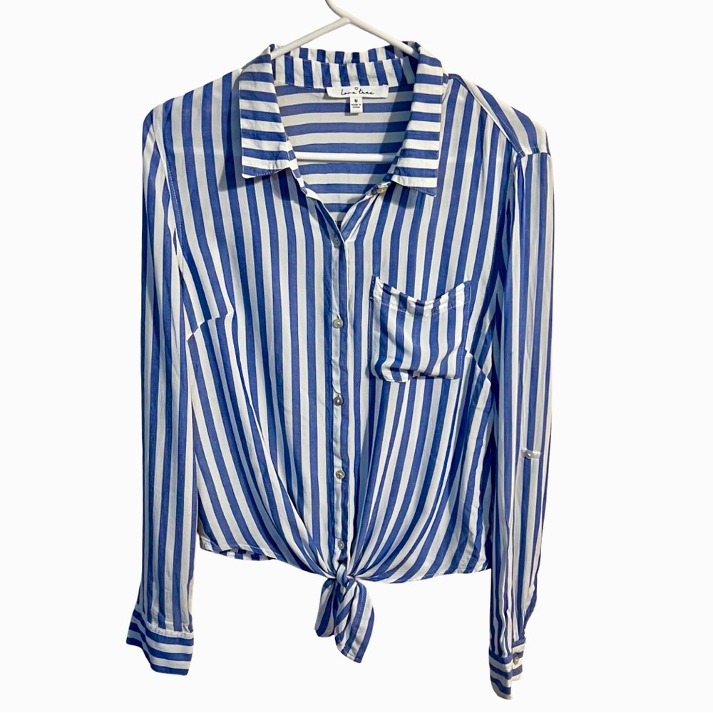 Love Tree Woman’s Blue & White Striped Long Sleeve Button Down Blouse with Tie